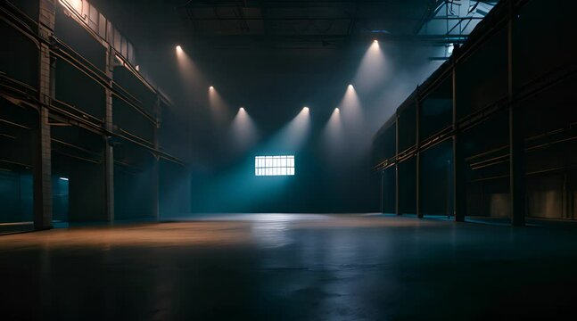 Abandoned empty warehouse with smoke and dramatic spotlights