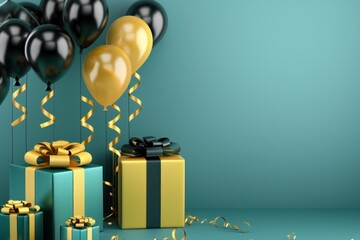 Black and gold balloons with stylish wrapped presents