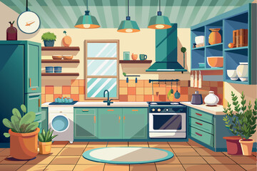 The kitchen interior. is furnished with colorful cabinets, shelves and appliances including a refrigerator, oven and sink. There is also a kitchen island with chairs and decorative elements such as pl