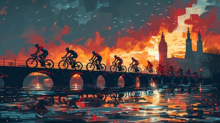 Cycling Across Bridges: Illustrate a background of cyclists riding over iconic bridges with advanced bikes, blending scenic views with architectural marvels.