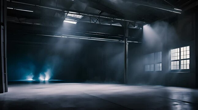 Abandoned empty warehouse with smoke and dramatic spotlights