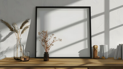Mock up frame in home interior background, white room with natural wooden furniture, Scandi-Boho style, 3d render