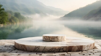 podium for presentation product of marble rock on lake background with fog and shine, best mockup for presentation man product, masculine, lexury and gentle