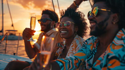Group of friends celebrating with champagne on a yacht at sunset, enjoying a joyful and relaxed...