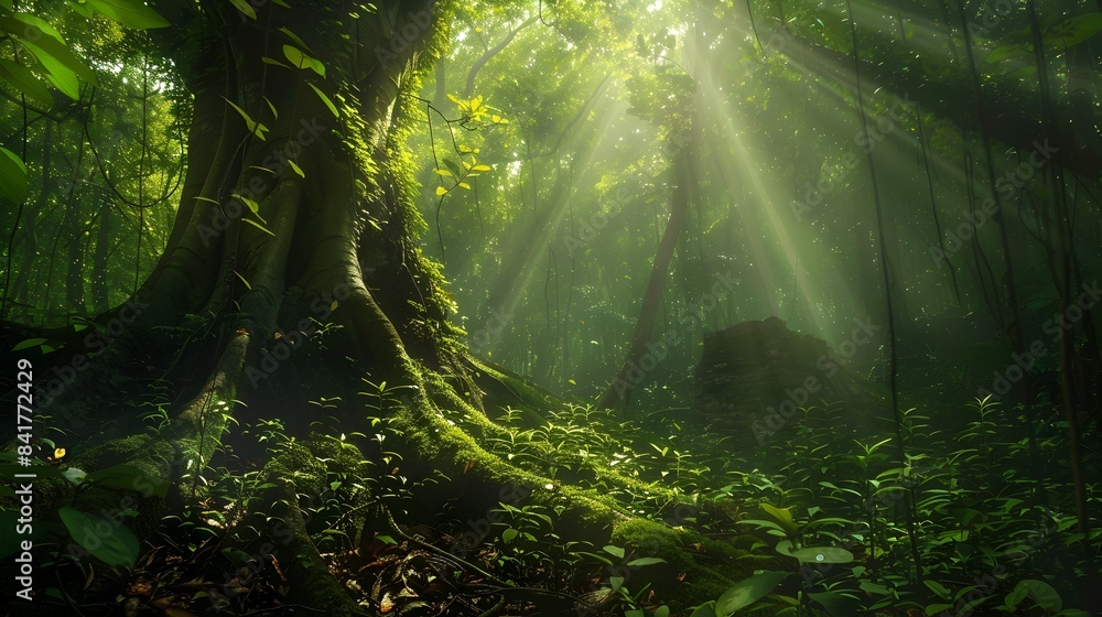 Poster majestic ancient forest with towering trees and ethereal light filtering through the lush canopy