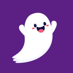 Cute ghost floating with Halloween pumpkin basket for Trick or Treat. Funny spooky boo character. Spook phantom with happy smiling face expression. Isolated kids flat vector illustration.