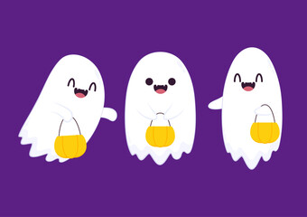 Cute ghost floating with Halloween pumpkin basket for Trick or Treat. Funny spooky boo character. Spook phantom with happy smiling face expression. Isolated kids flat vector illustration.