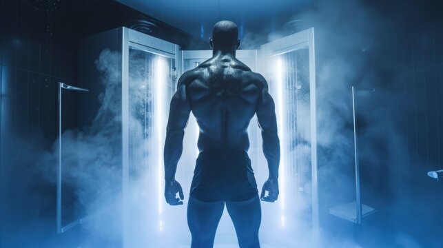 A muscular man stands inside a cryotherapy chamber, with his back to the camera. The chamber is filled with fog and the light from the walls creates a dramatic effect.