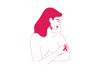 Woman undergoing breast cancer surgery holds pink ribbon. Rebuilding, medical examination and support females after mastectomy. Vector illustration