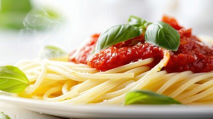 Close-up of delicious spaghetti with tomato sauce, garnished with fresh basil leaves. Perfect for Italian cuisine and food photography.