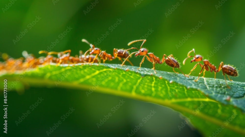 Poster a close-up of a line of ants marching across a green leaf, demonstrating their teamwork and organiza