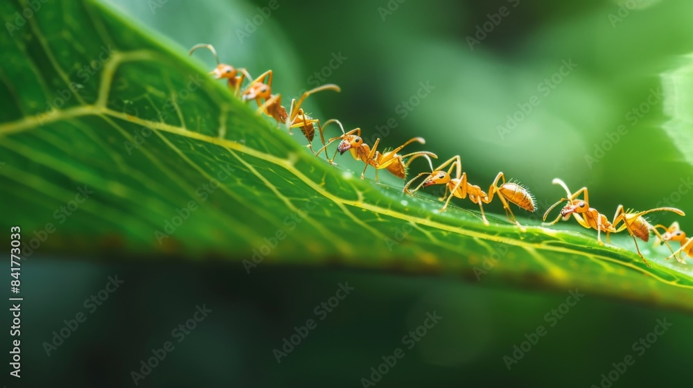 Poster a close-up of a line of ants marching across a green leaf, demonstrating their teamwork and organiza