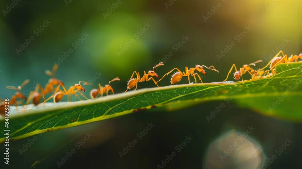 Poster a close-up of a line of ants marching across a green leaf, demonstrating their teamwork and organiza
