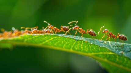 A close-up of a line of ants marching across a green leaf, demonstrating their teamwork and organization.