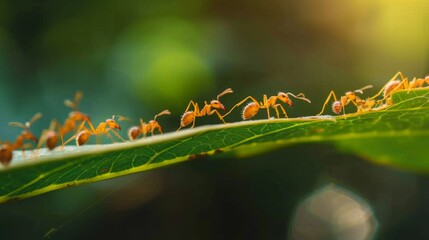 A close-up of a line of ants marching across a green leaf, demonstrating their teamwork and organization.