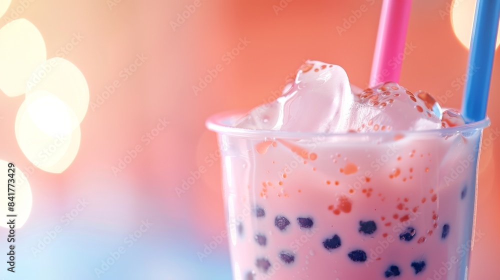 Poster A close-up of a refreshing cup of bubble milk tea with tapioca pearls, garnished with a colorful straw.