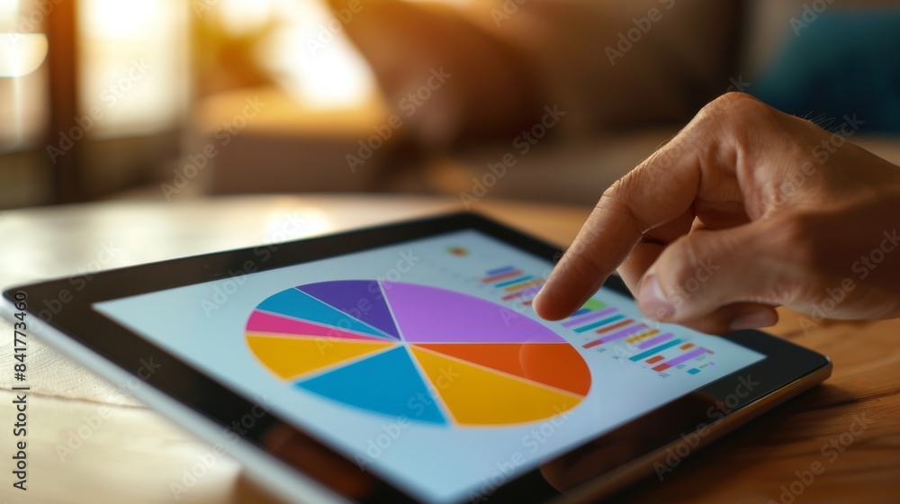 Aufkleber A close-up of a tablet displaying a colorful business pie chart, with a hand pointing at a segment.