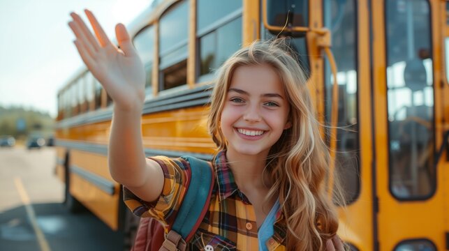A young girl with a backpack smiles and waves goodbye while standing next to a yellow school bus