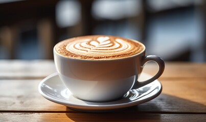 The table hosts a cup of warm cappuccino