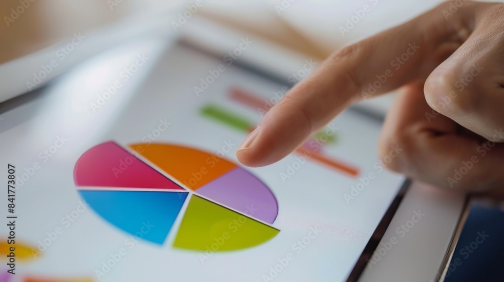 Aufkleber A close-up of a tablet displaying a colorful business pie chart, with a hand pointing at a segment.