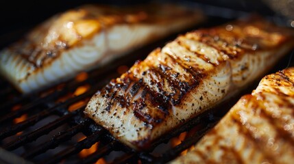 A close-up of fish fillets grilling on a hot barbecue grill, with grill marks forming as the fish cooks.