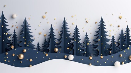 Hyper-Realistic 3D Paper Art: Pine Trees, Stars, and Golden Balls