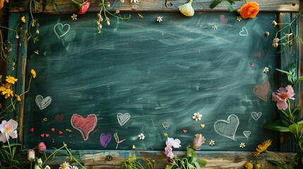 A green chalkboard with a wooden frame is surrounded by colorful flowers and hearts drawn in chalk