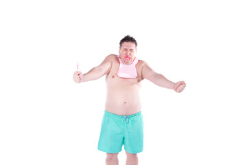 Mental problems. Funny fat man. White background.