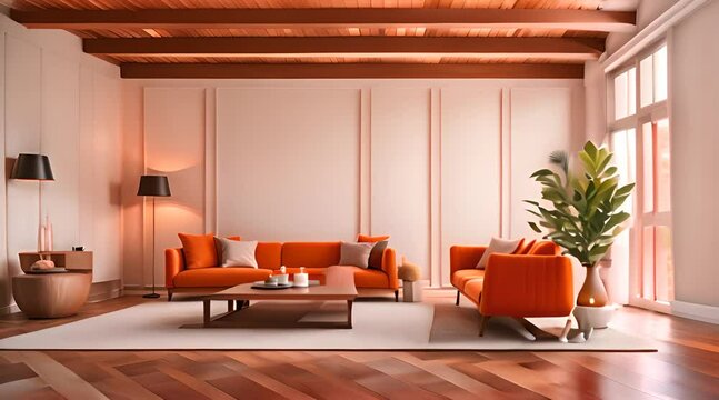 Villa interior design with wooden ceiling and orange sofa