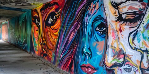 A colorful and intricate graffiti mural on a tunnel wall, depicting multiple faces with vibrant hues and detailed patterns.