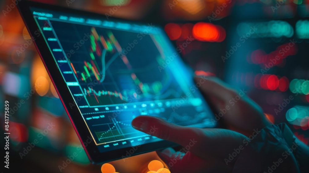 Aufkleber A close-up of hands holding a business report with a detailed line graph showing market performance.