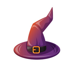 Halloween wizard hat in cartoon. Magic spooky purple witch cap. Vector illustration isolated on a white background.