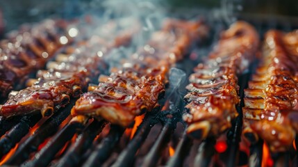 A close-up of juicy pork ribs sizzling on a hot grill, caramelizing as they cook to perfection.