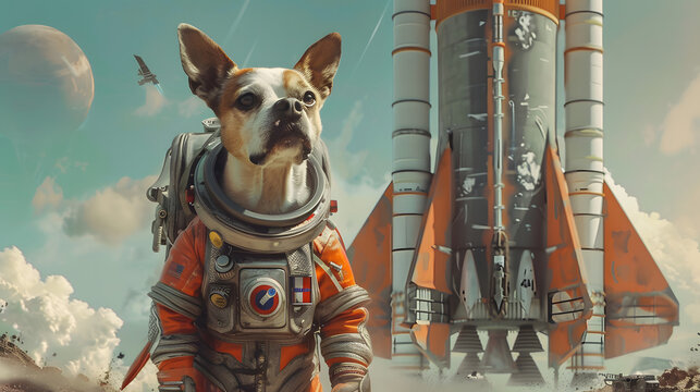 a dog dressed in a space suit and standing in front of a rocket 