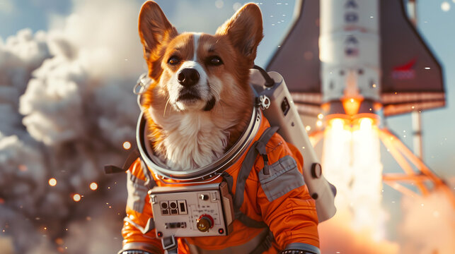 a dog dressed in a space suit and standing in front of a rocket 