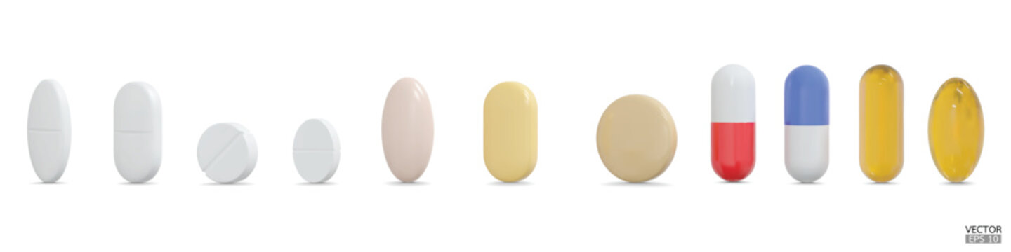 Set of 3d realistic pills isolated on white background. Medical Pill, Capsule, Tablet, medicine drug Collection. 3D vector illustration.