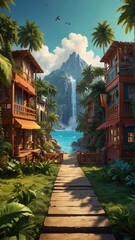 Obraz premium 3D Cartoon Paradise Dreamland Resort Nature Landscape