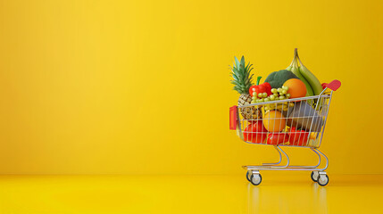 Shopping cart full fresh fruits, vegetables, various food items, shopping cart yellow background