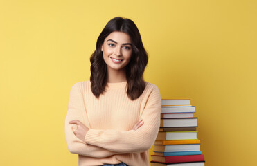 Young Woman Holding Yellow Book Against Yellow Background - Powered by Adobe