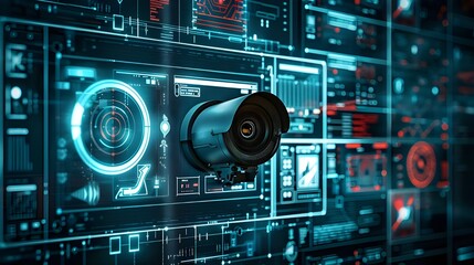 Fototapeta premium wide banner of security CCTV cameras and guard monitoring screen hud UI for advanced surveillance secure protection system and recording tape archive with online network IP connection 