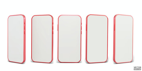 3D red smartphone mockup with white screen. Red mobile phone isolated on white background. 3d vector illustration.