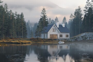 Fototapeta premium white house with dark roof sits edge of a lake surrounded dense forest. morning mist rising from the water creating a serene and peaceful atmosphere. concept: living in a country house near a lake