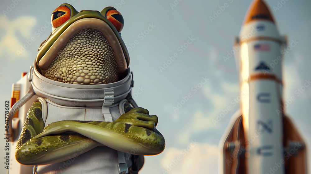 Poster a frog dressed in a space suit and standing in front of a rocket