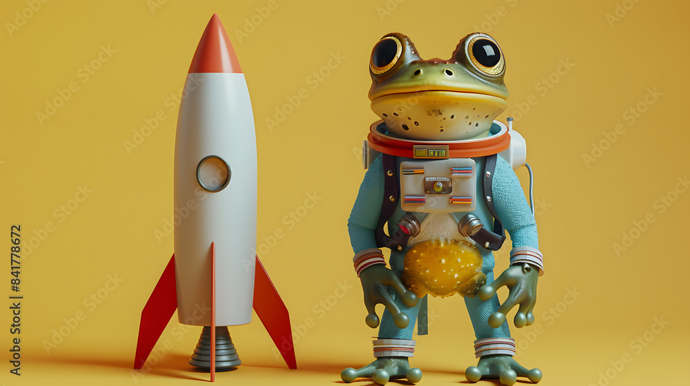 Poster a frog dressed in a space suit and standing in front of a rocket