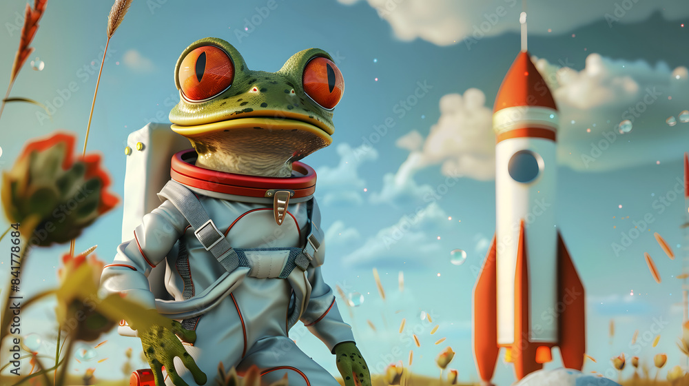 Poster a frog dressed in a space suit and standing in front of a rocket