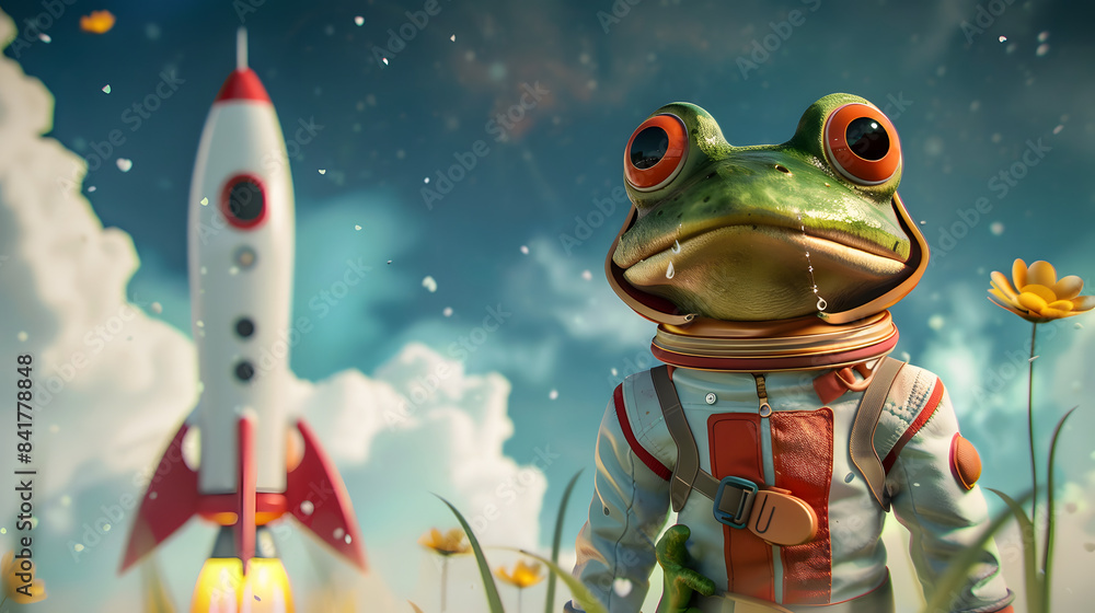 Poster a frog dressed in a space suit and standing in front of a rocket