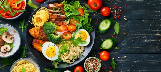 Delicious and Diverse Dinner Plates With Pasta, Fish, Eggs, and Salad on Wooden Table