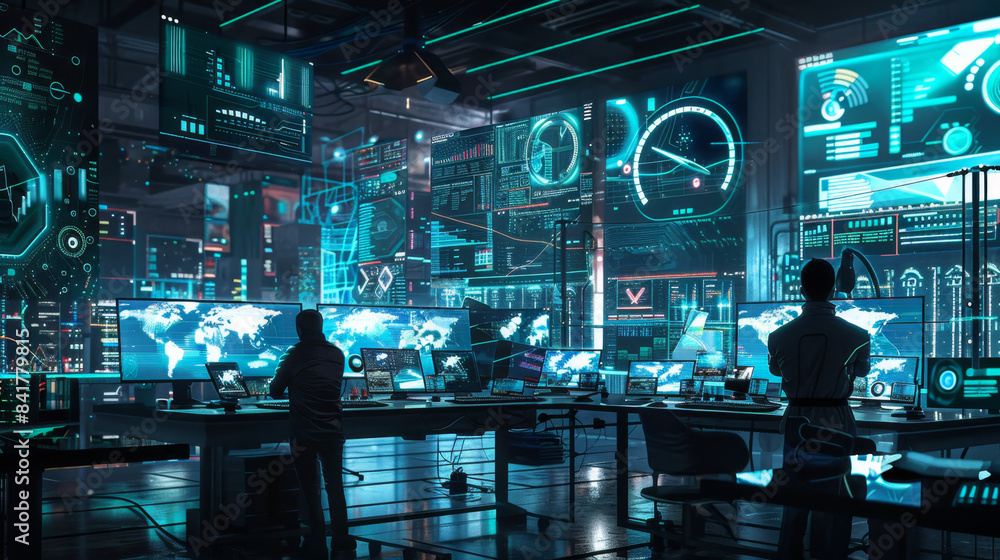 Poster futuristic control room featuring multiple digital interfaces and screens, with professionals monito