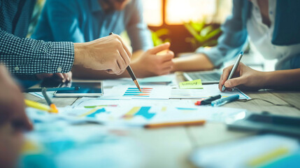 Close-up of hands during a brainstorming session, with team members collaborating over charts and graphs, highlighting planning and strategy in a modern office setting.
