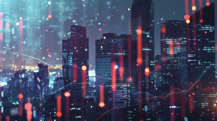 Fototapeta premium A futuristic cityscape at night, overlaid with digital financial data, charts, and glowing lights, representing modern finance and technology. Futuristic Cityscape with Digital Financial Data